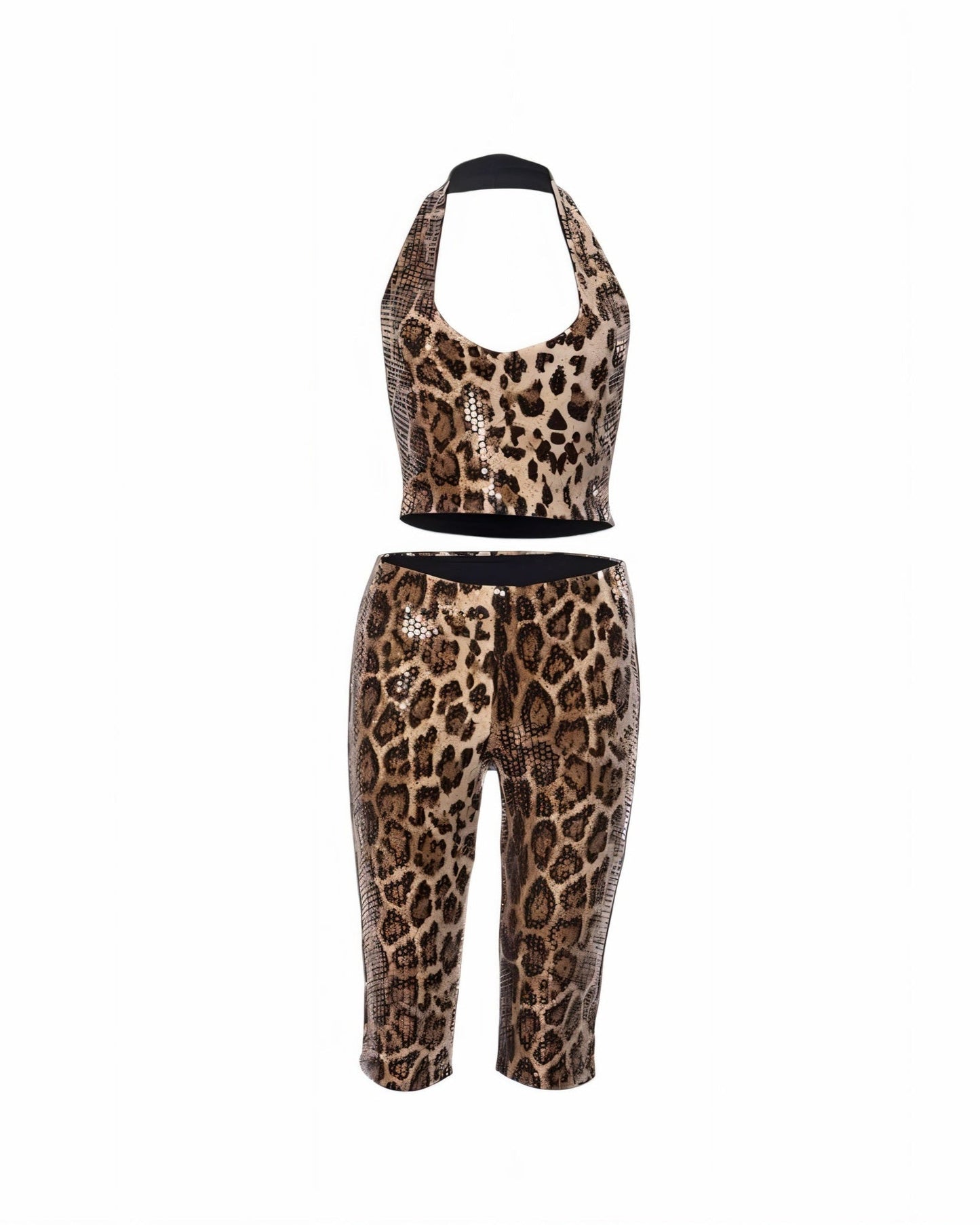 LORENA Sequin Leopard Print Halter Top and Pants Set