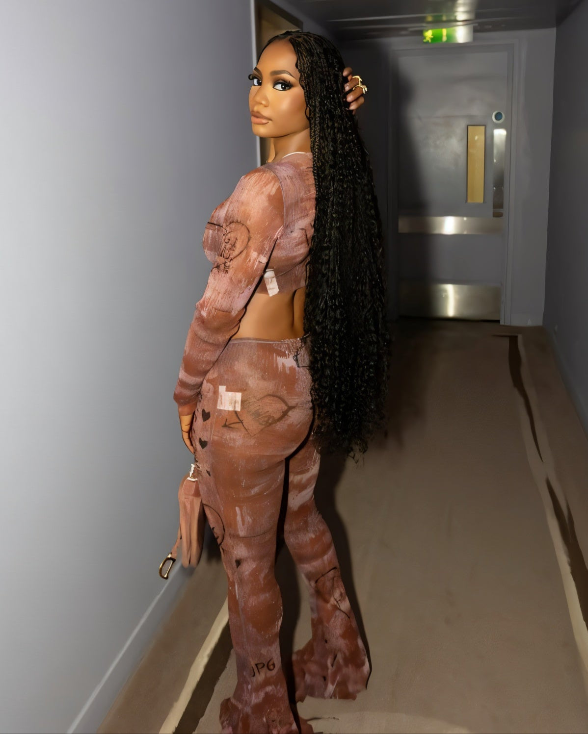 EVARINE Graffiti Print Mesh Long Sleeve Top & Flare Pants Set