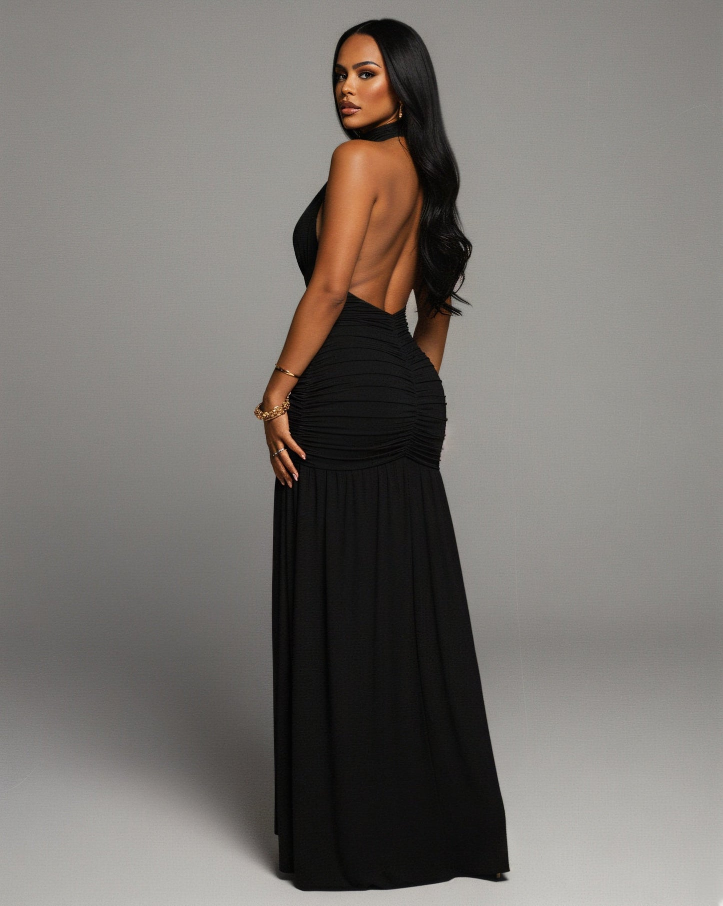 SORAYA Backless Halter Plunge Maxi Dress