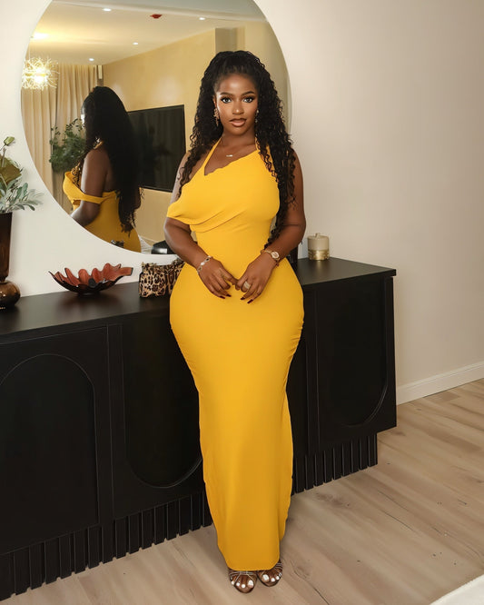 LIESSE One-Shoulder Halter-Back Maxi Dress