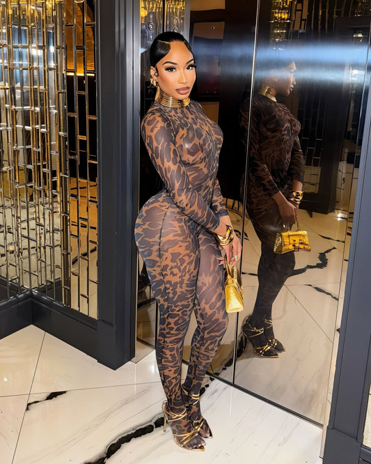 STACIA Leopard Print Long Sleeve Bodysuit & Tights Set