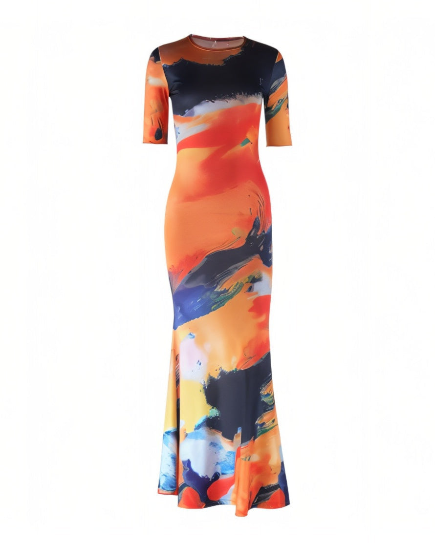 CAIA Round Neck Short Sleeve Printed Maxi Dress