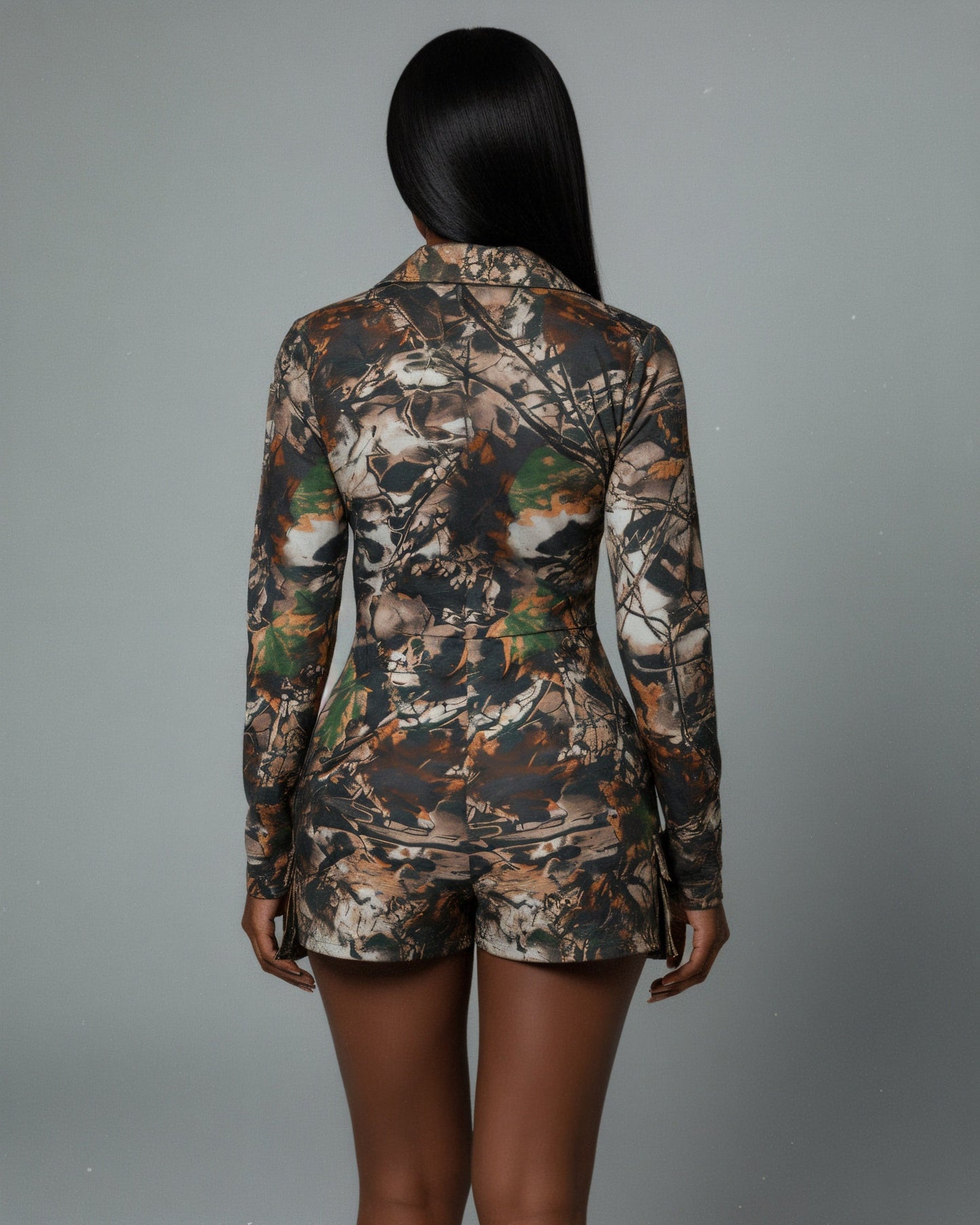 ZAYRA Camouflage Print Zip Up Romper