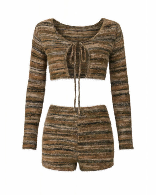 MIKAELA Fuzzy Knit Cropped Top & Shorts Set