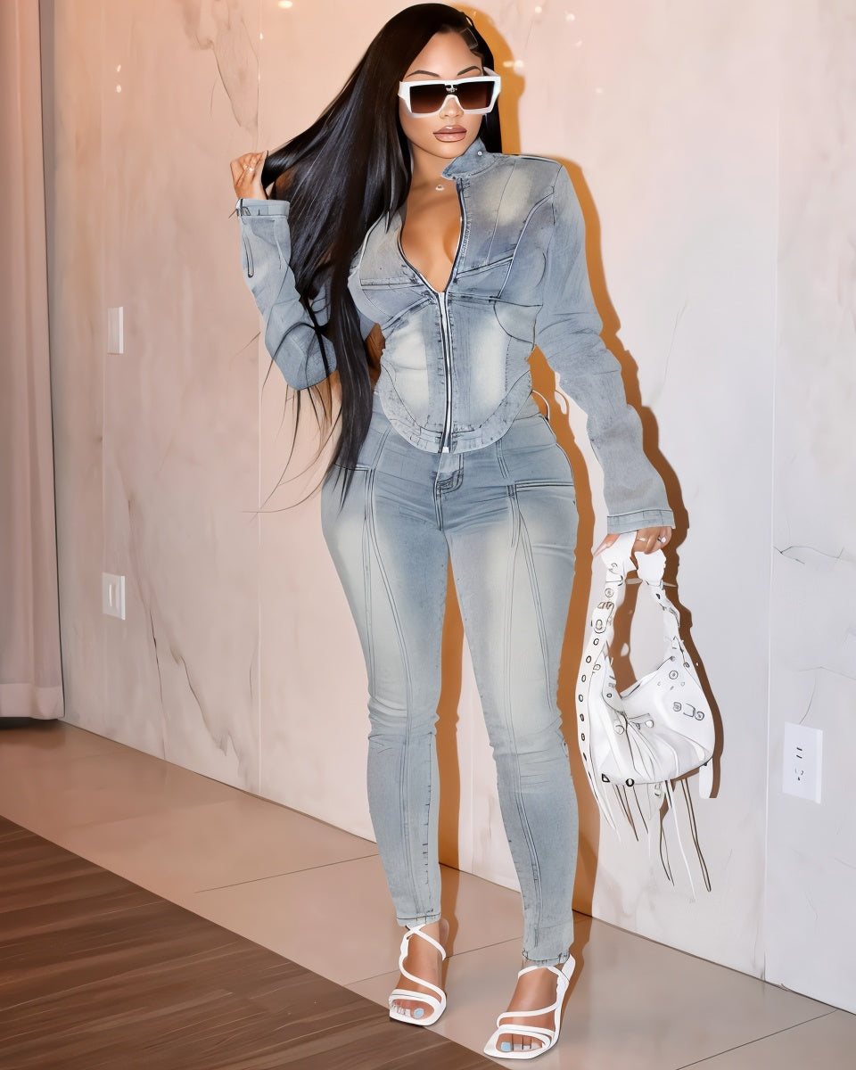 HARISHA Denim Zip-Up Top & Pants Set