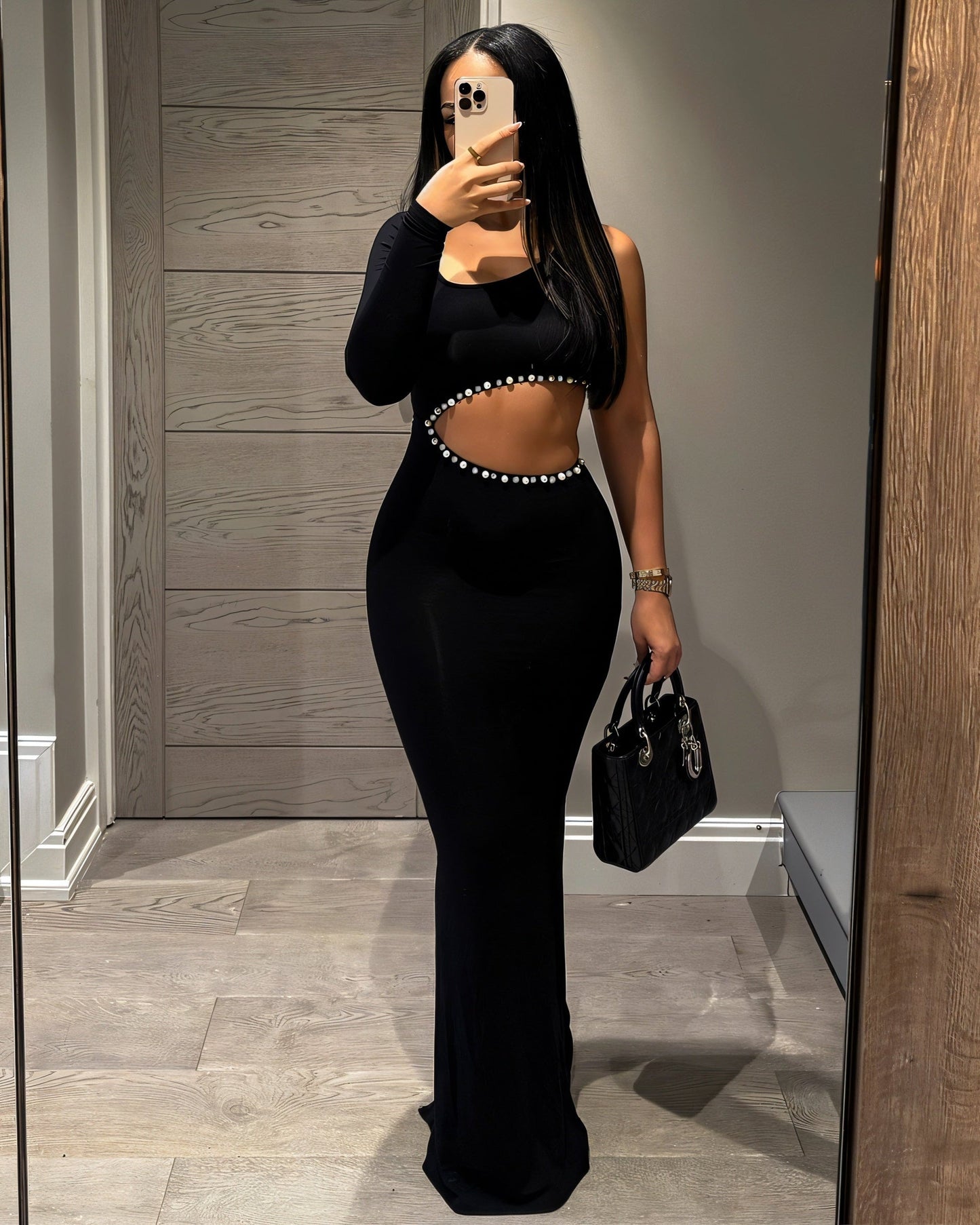 BELLIA One Sleeve Pearl Cut-Out Maxi Dress