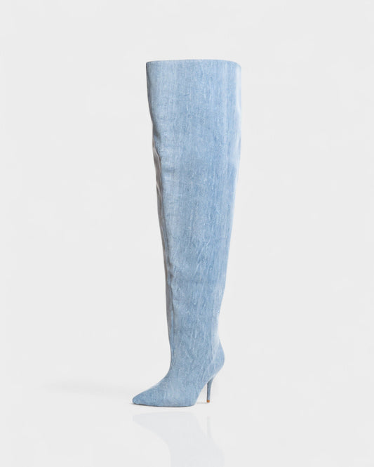 DAVIRA Wide Calf Denim Stiletto Thigh-High Boots