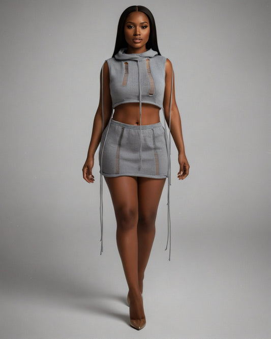 YESSA Knit Hooded Crop Top & Lace-Up Mini Skirt Set