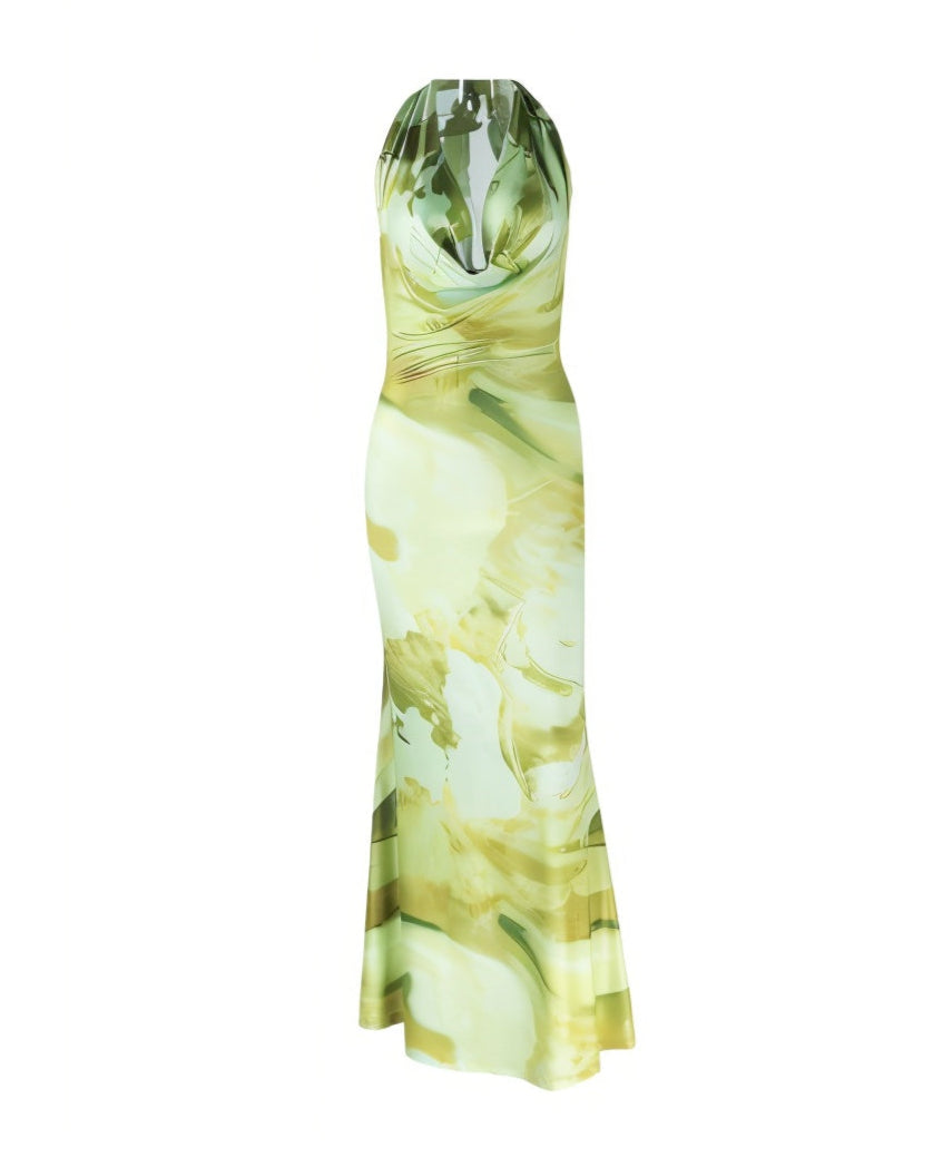 NUVIA Abstract Print Halter Maxi Dress