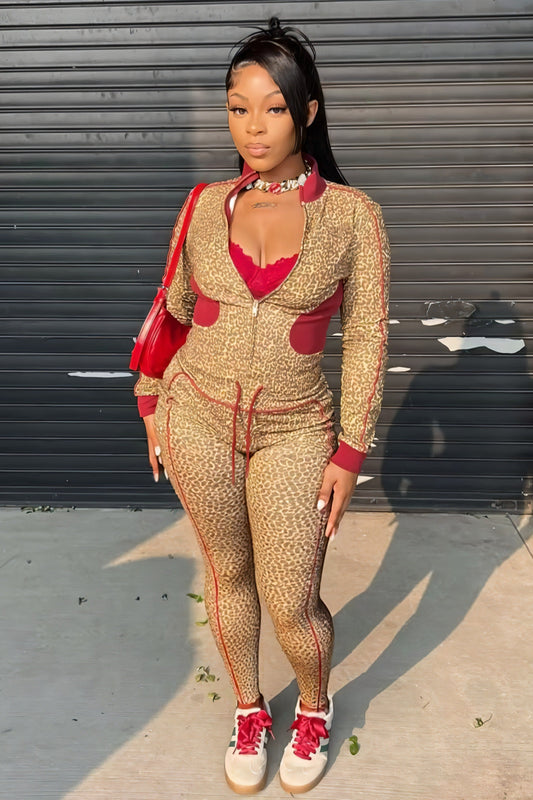 DERMA Leopard Print Zip-up Top & Leggings Set