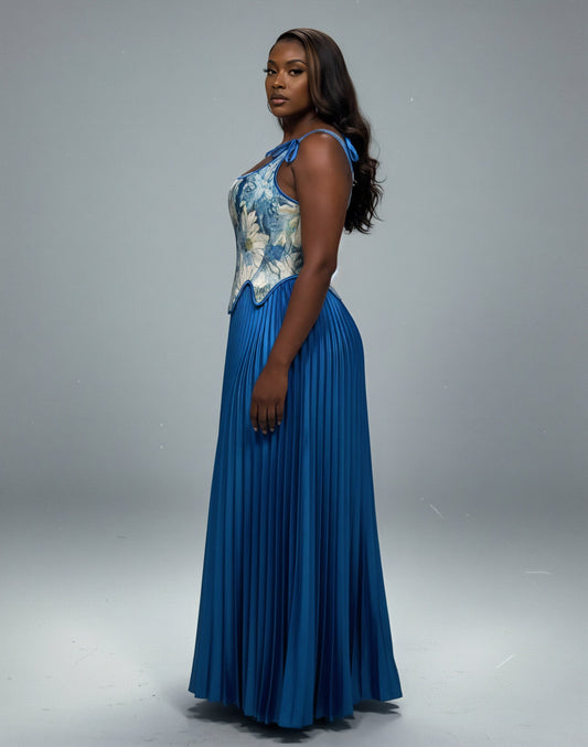 MASINA Floral Print Corset & Pleated Maxi Skirt Set
