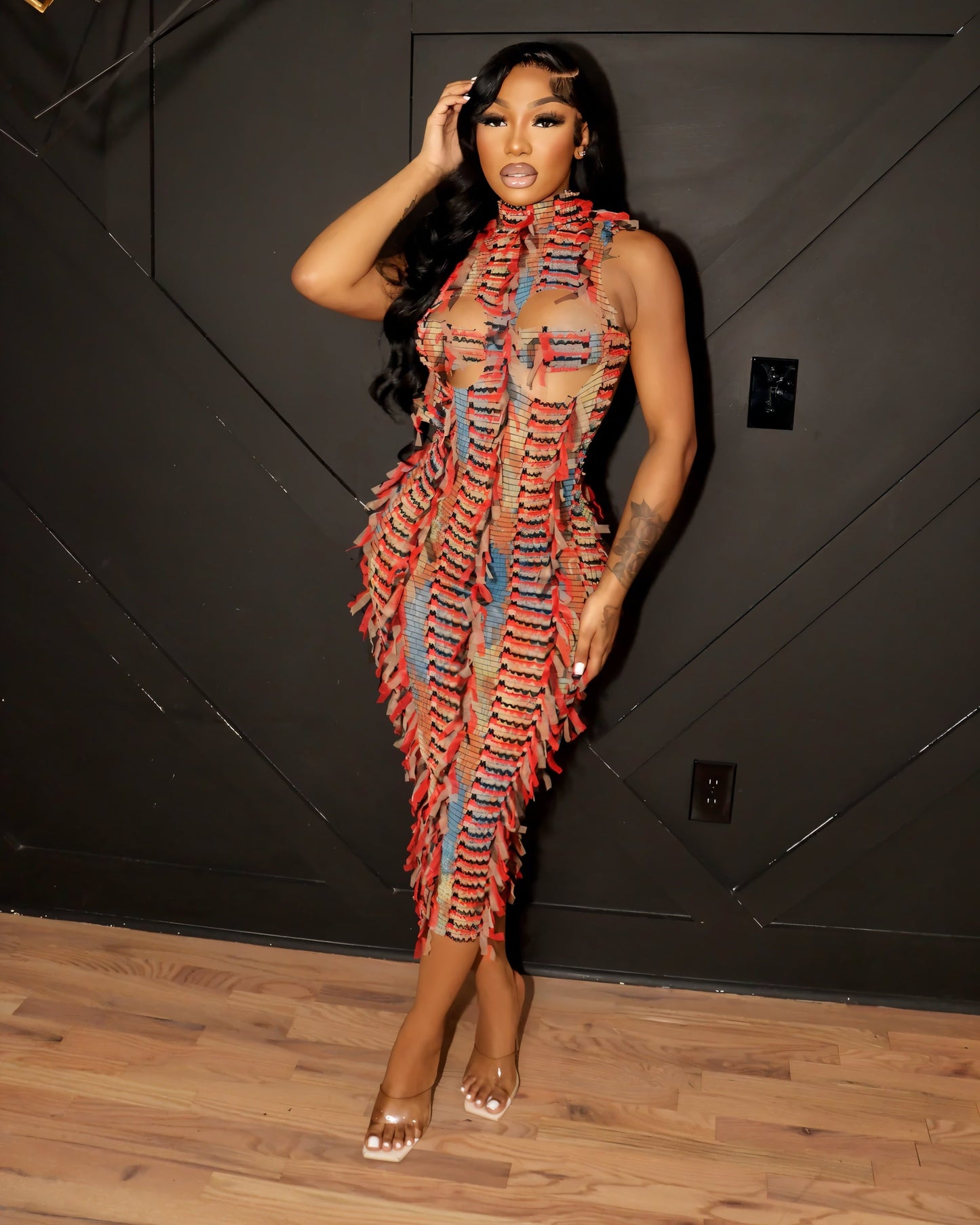 LOLA High Neck Textured Midi Dress