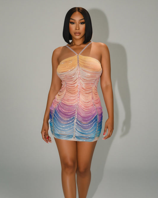 EMANY Rhinestone Embellished Gradient Mini Dress