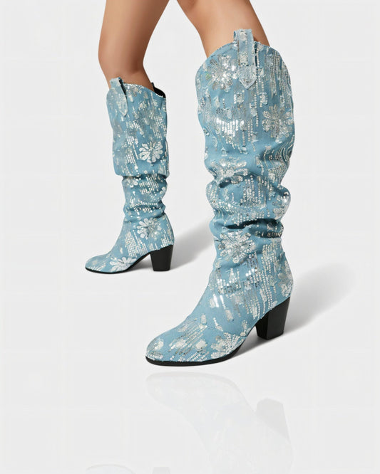 DIANNE Sequin Floral Denim Cowboy Boots