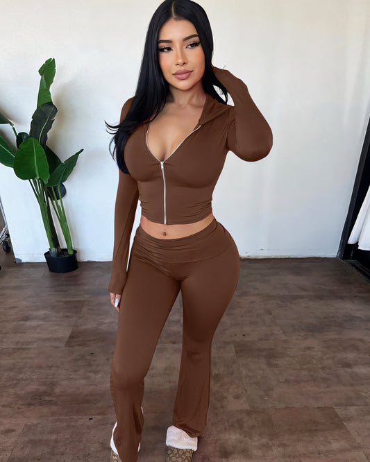 RAINY Zip-Up Hoodie and Flare Pants Set