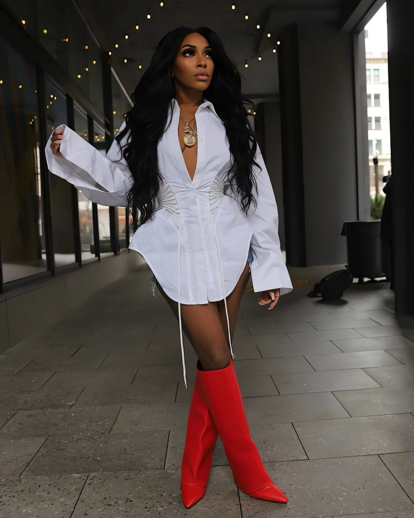 ALEXANDRA Corset Waist Button-Up Shirt Dress