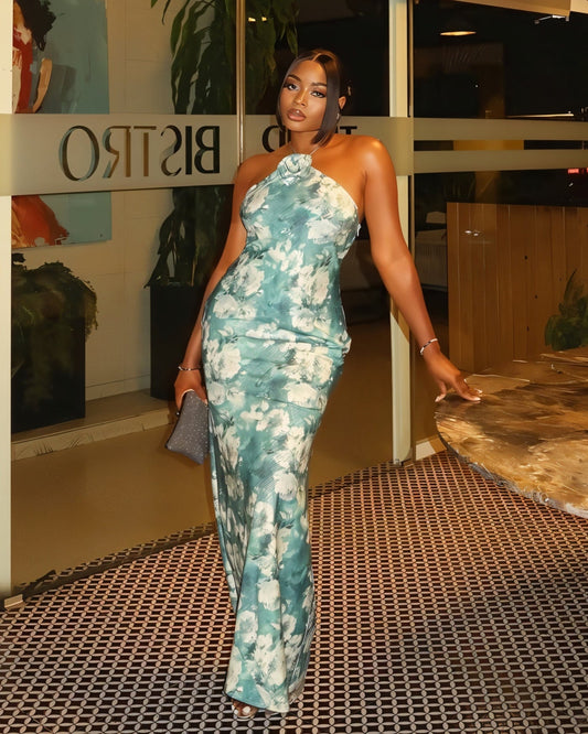 SHANE 3D Floral Applique Halter Maxi Dress