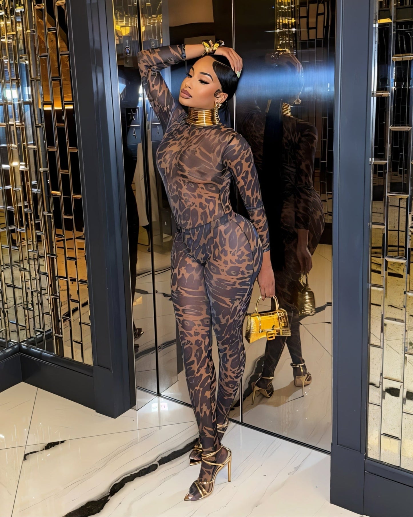 STACIA Leopard Print Long Sleeve Bodysuit & Tights Set