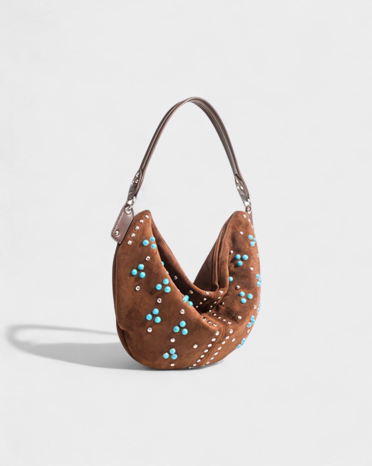 MADIE Turquoise Embellished Brown Suede Hobo Bag