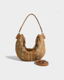 MADIE Turquoise Embellished Brown Suede Hobo Bag