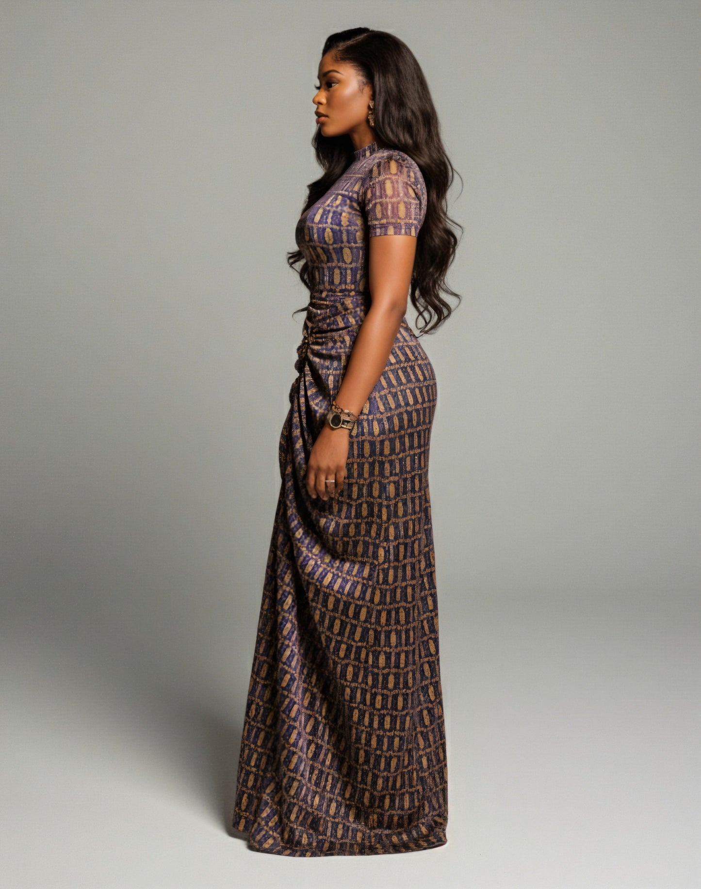 ALODIA Short-Sleeved Ruched Maxi Dress