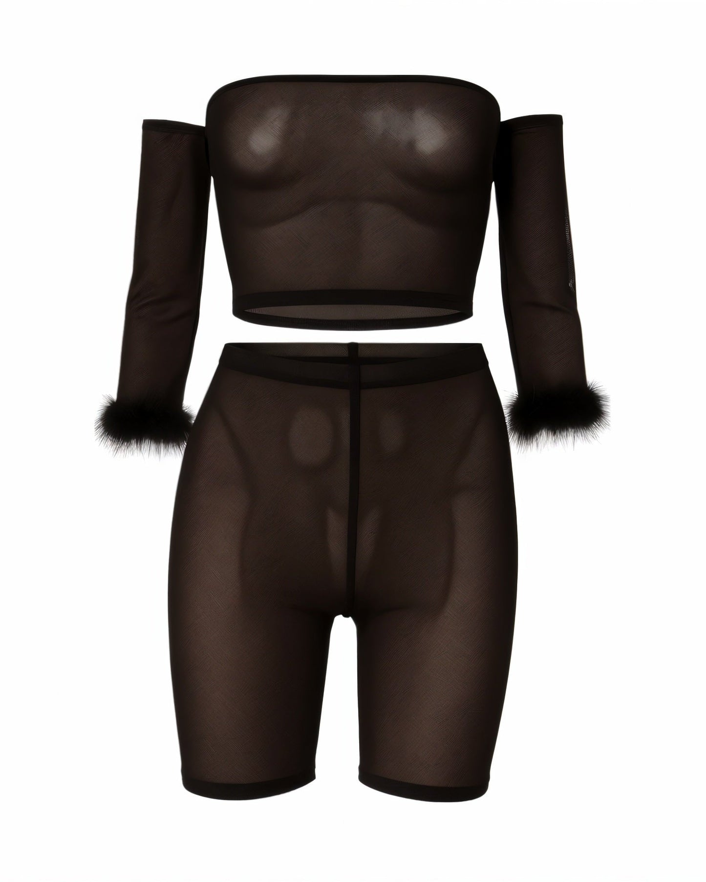 RAMIRA Faux Feather Trim Mesh Top & Shorts Set