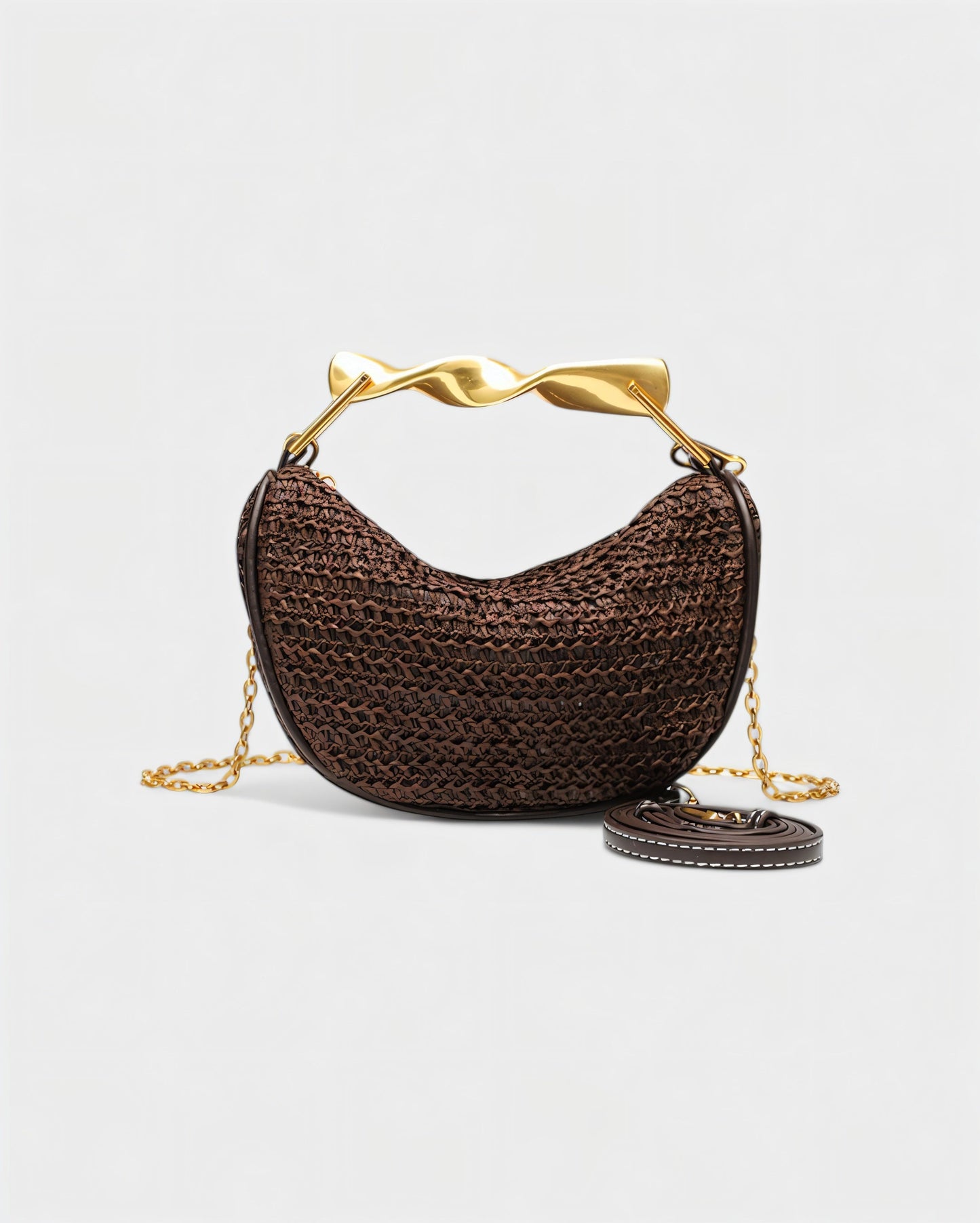 CRESSIDA Woven Half Moon Handbag with Gold Swirl Handle