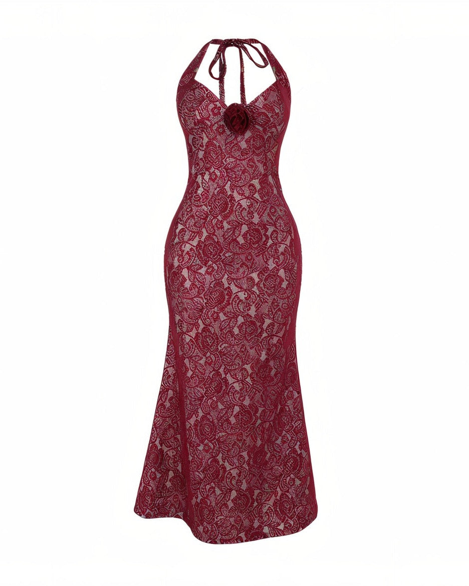 TYRAE Floral Lace Halter Maxi Dress