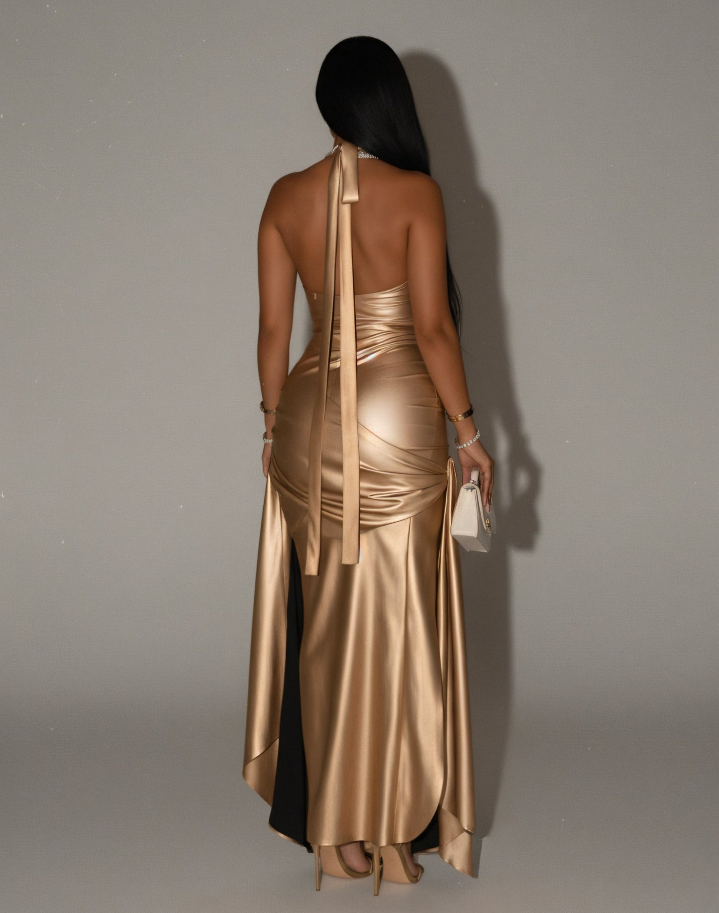 ARAYA Metallic Ruched High-Slit Maxi Dress