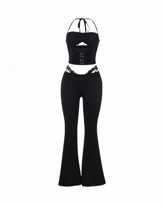 MAPPLE Halter Neck Crop Top and Flare Pants Set