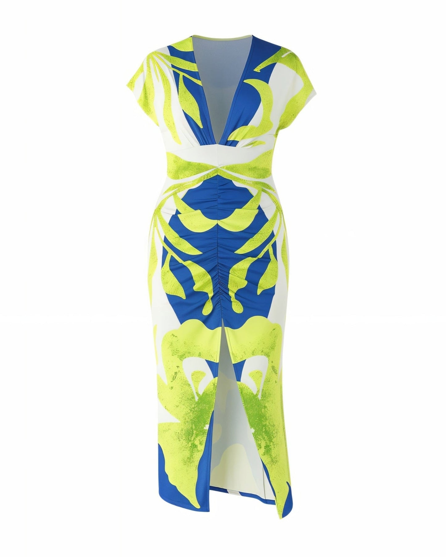 SUNNY Patterned V-Neck Fitted Midi Dress