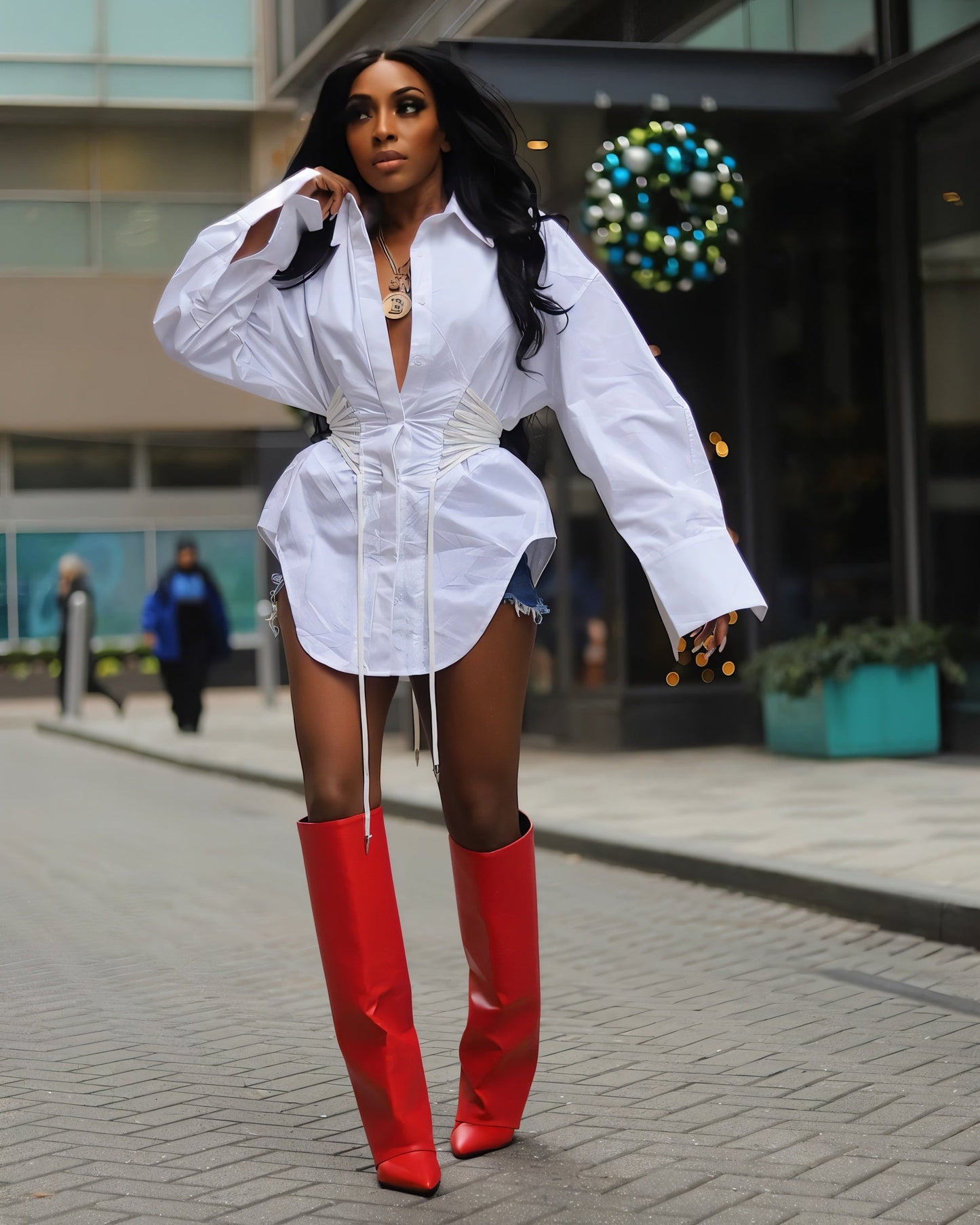 ALEXANDRA Corset Waist Button-Up Shirt Dress