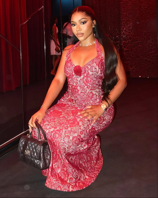 TYRAE Floral Lace Halter Maxi Dress