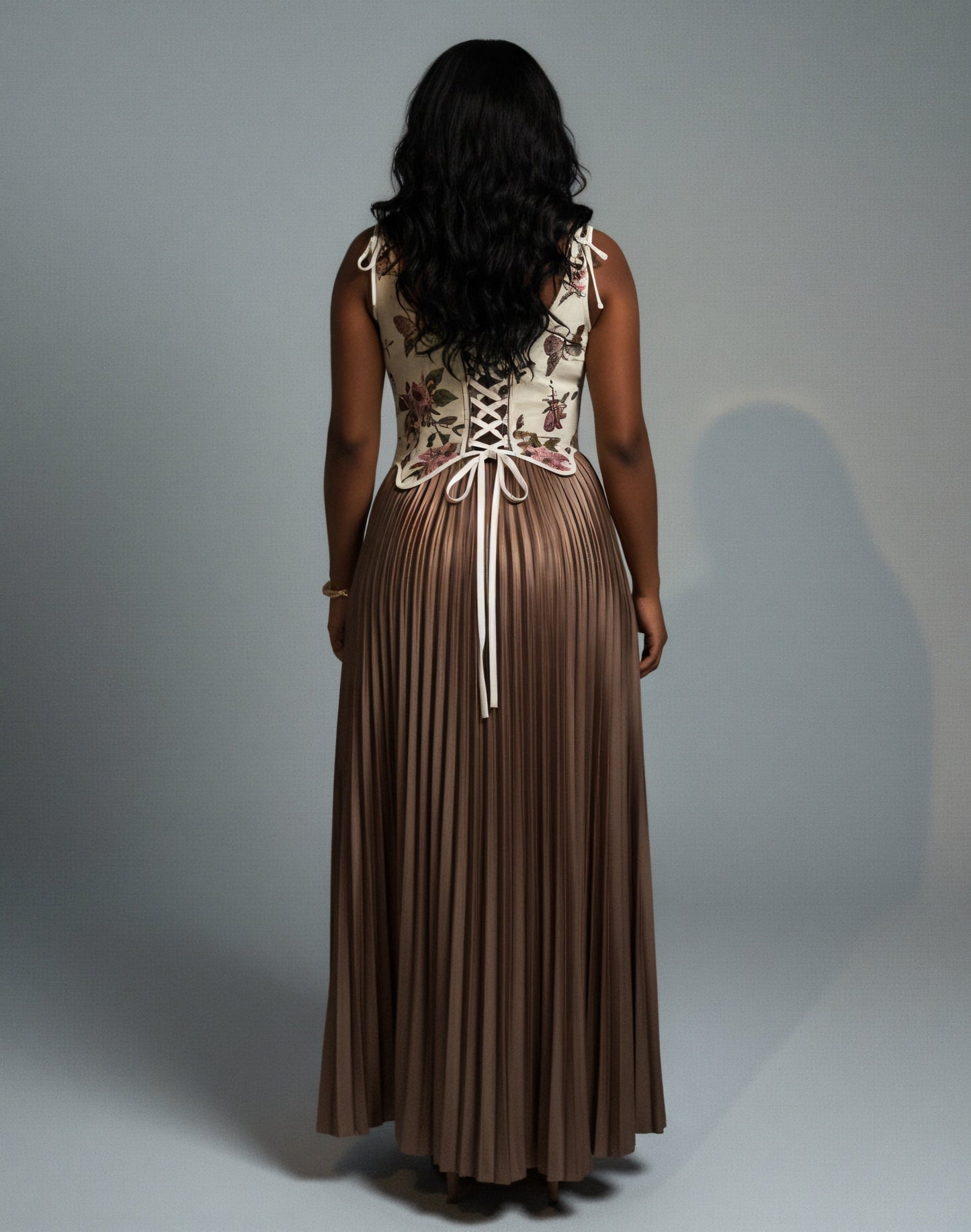 MASINA Floral Print Corset & Pleated Maxi Skirt Set