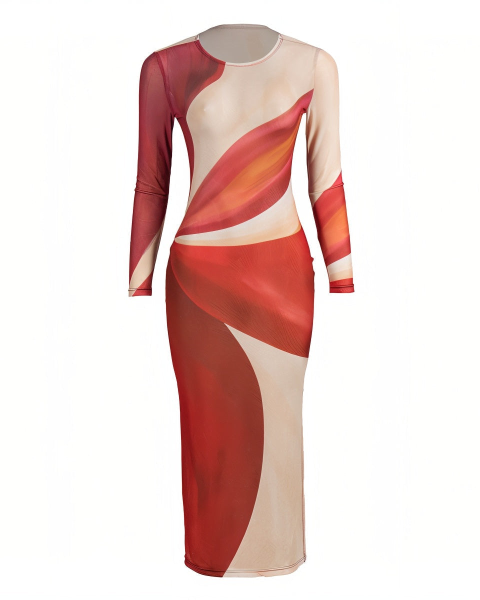 JOCELYN Mesh Abstract Swirl Print Maxi Dress