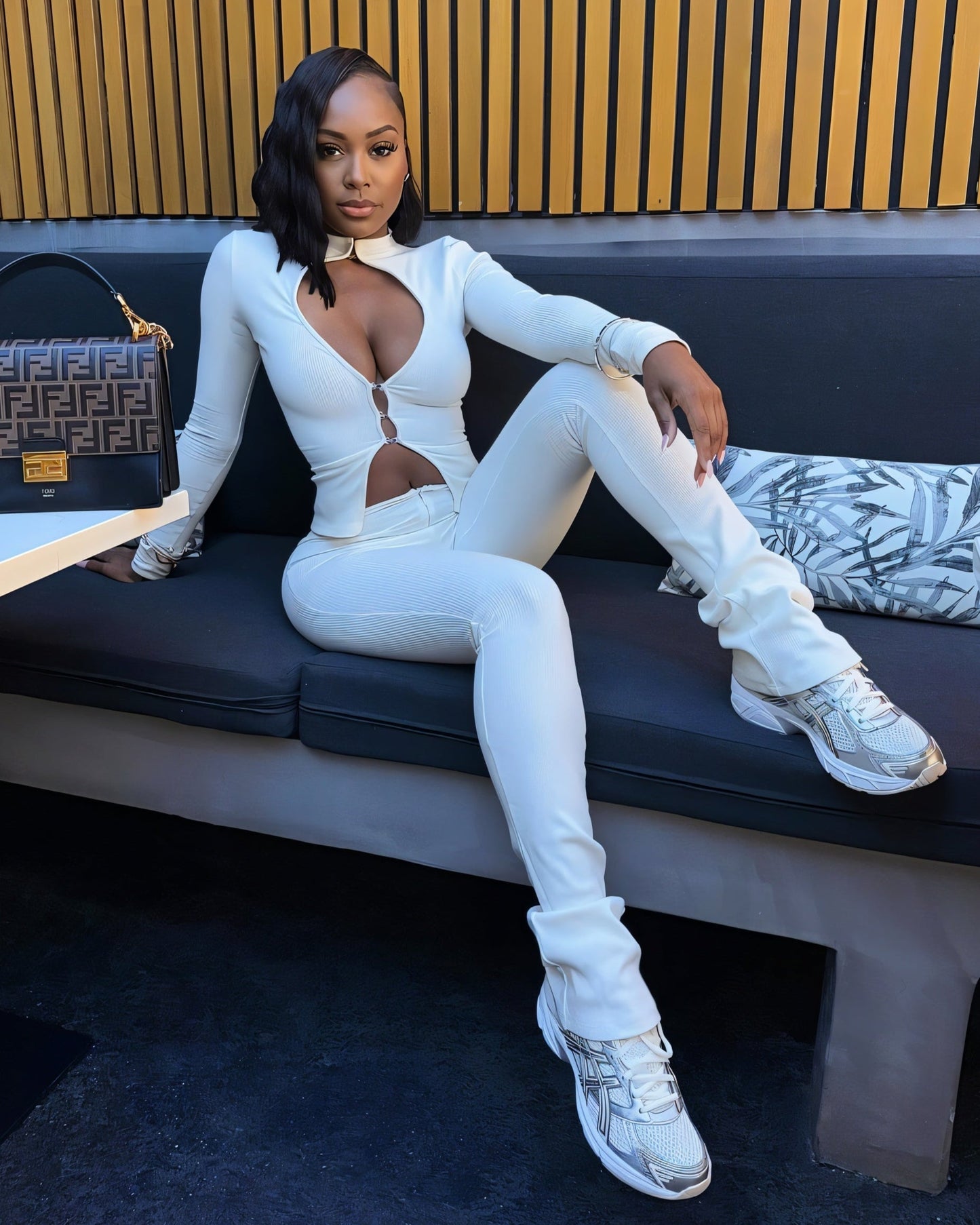 VIANNE Keyhole Cutout Top & Zip-Front Pant Set