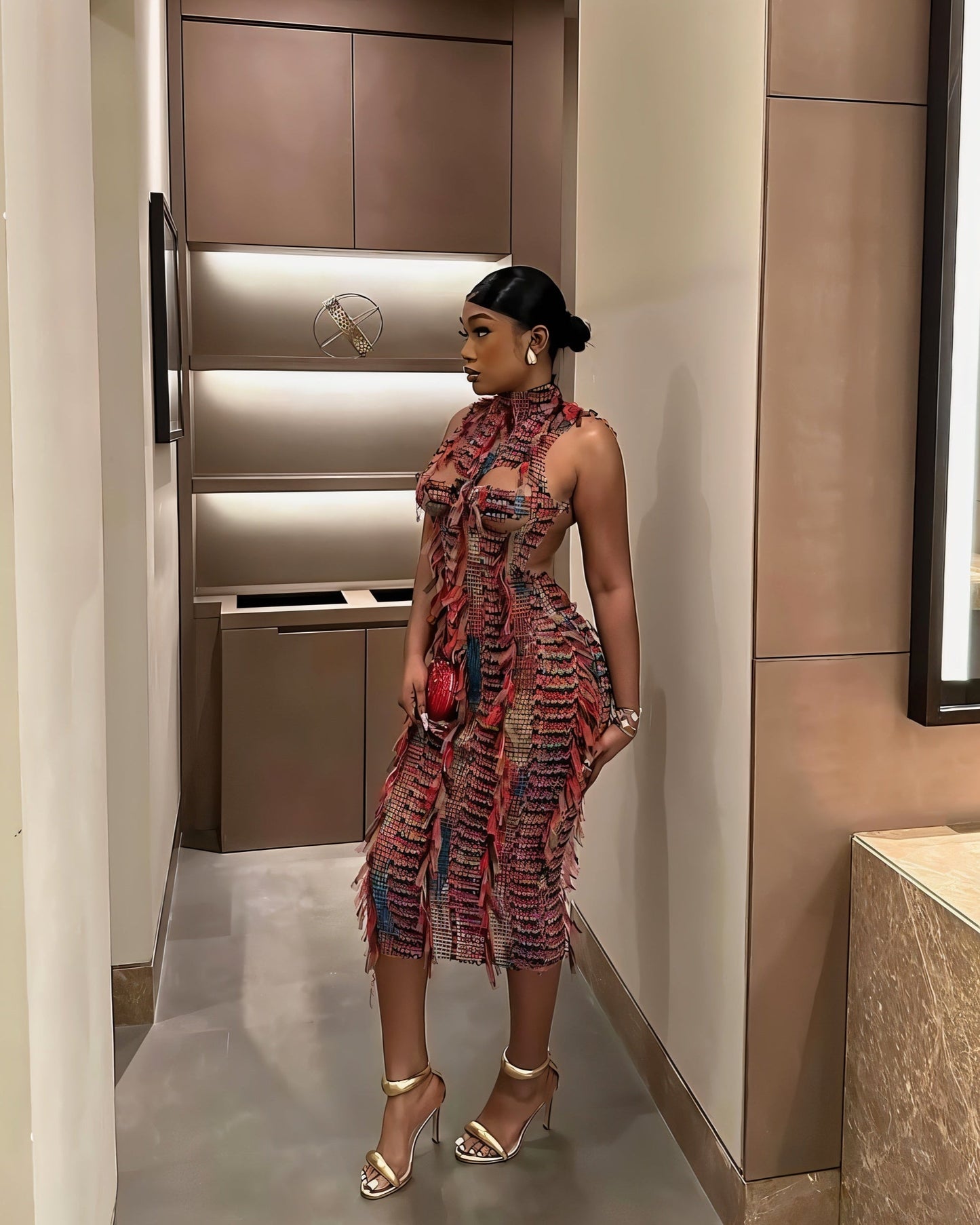 LOLA High Neck Textured Midi Dress