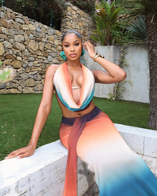 CHANEL Gradient Print Cowl Top and Maxi Skirt Set