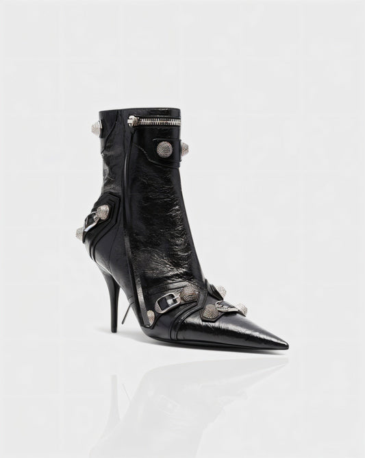 REVINA Studded Leather Pointed-Toe Ankle Boots