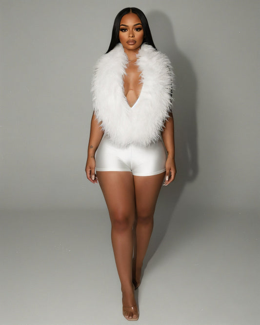 LANNY Deep V Neck Faux Feather Satin Romper