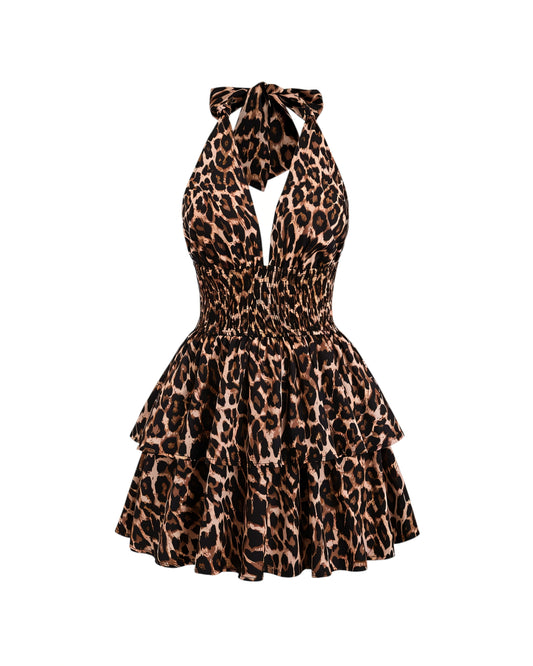PEACHY Leopard Halter Ruffle Mini Dress