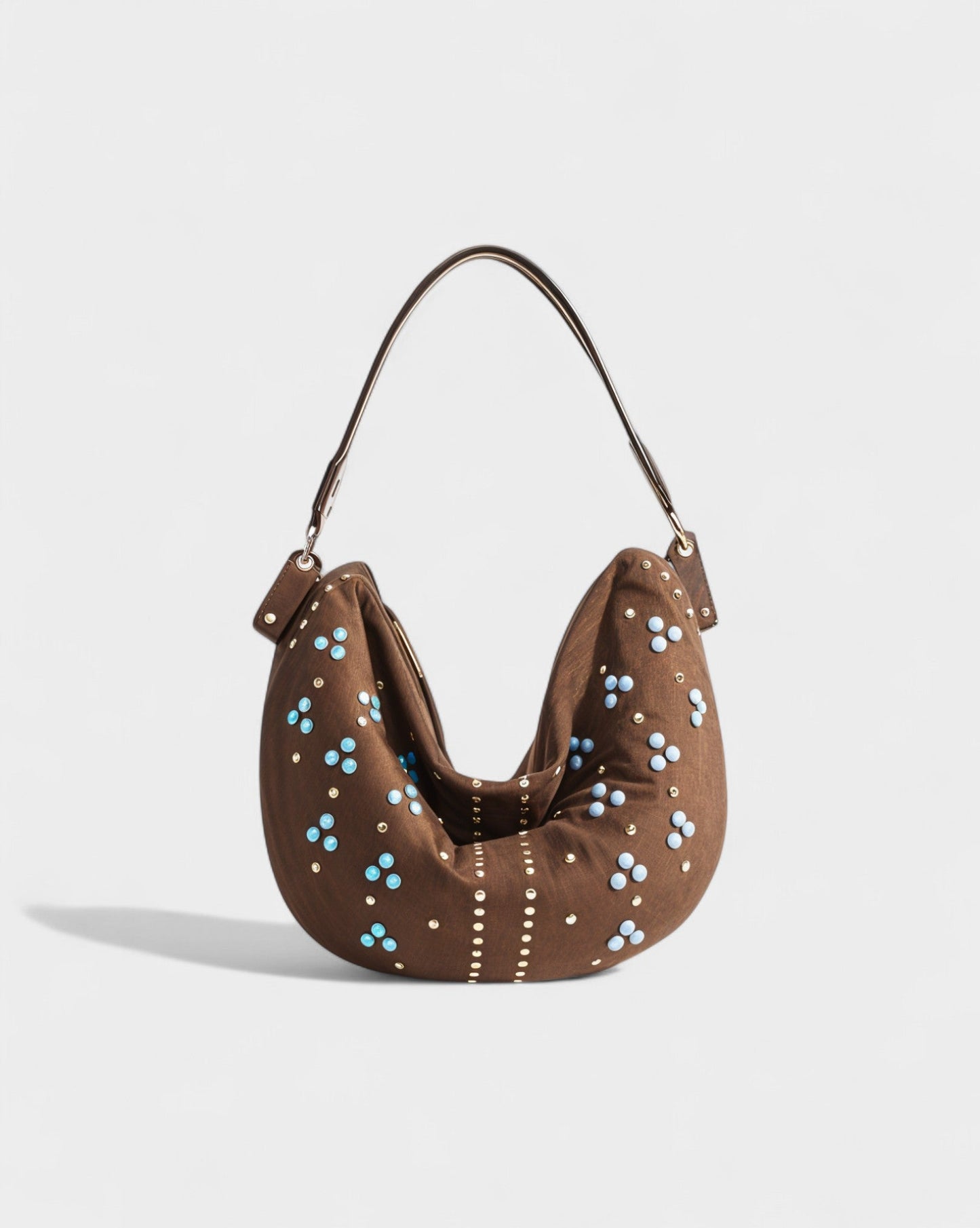 MADIE Turquoise Embellished Brown Suede Hobo Bag