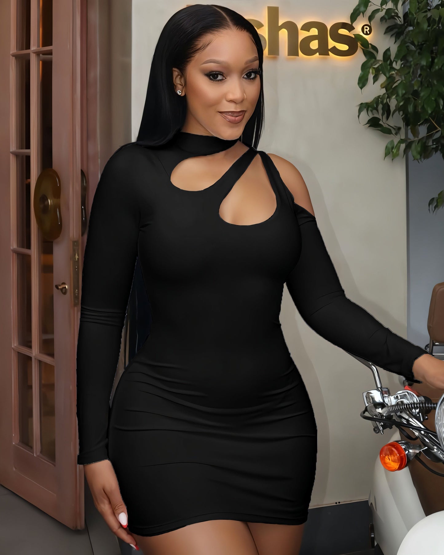 SAYLA Cutout High-Neck Long-Sleeve Mini Dress