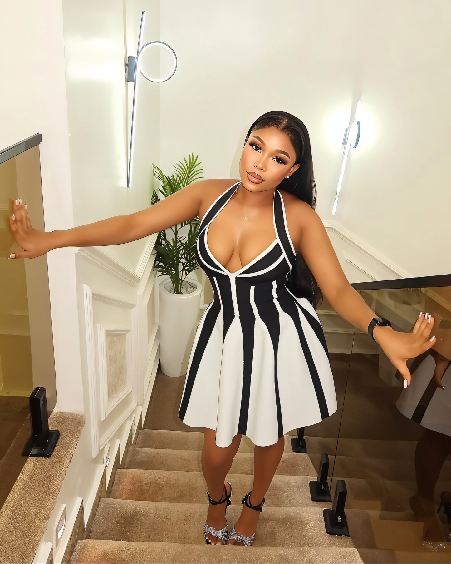 AMARIL Deep V-neck Flare Mini Dress