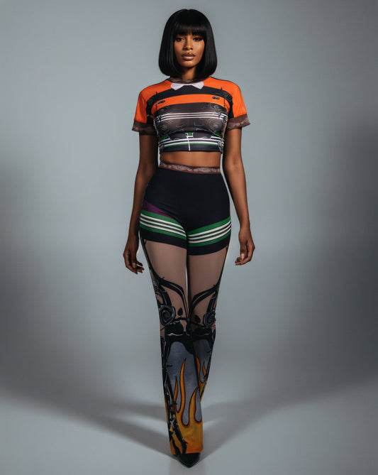 ASHLYN Printed Mesh Crop Top & Pants Set