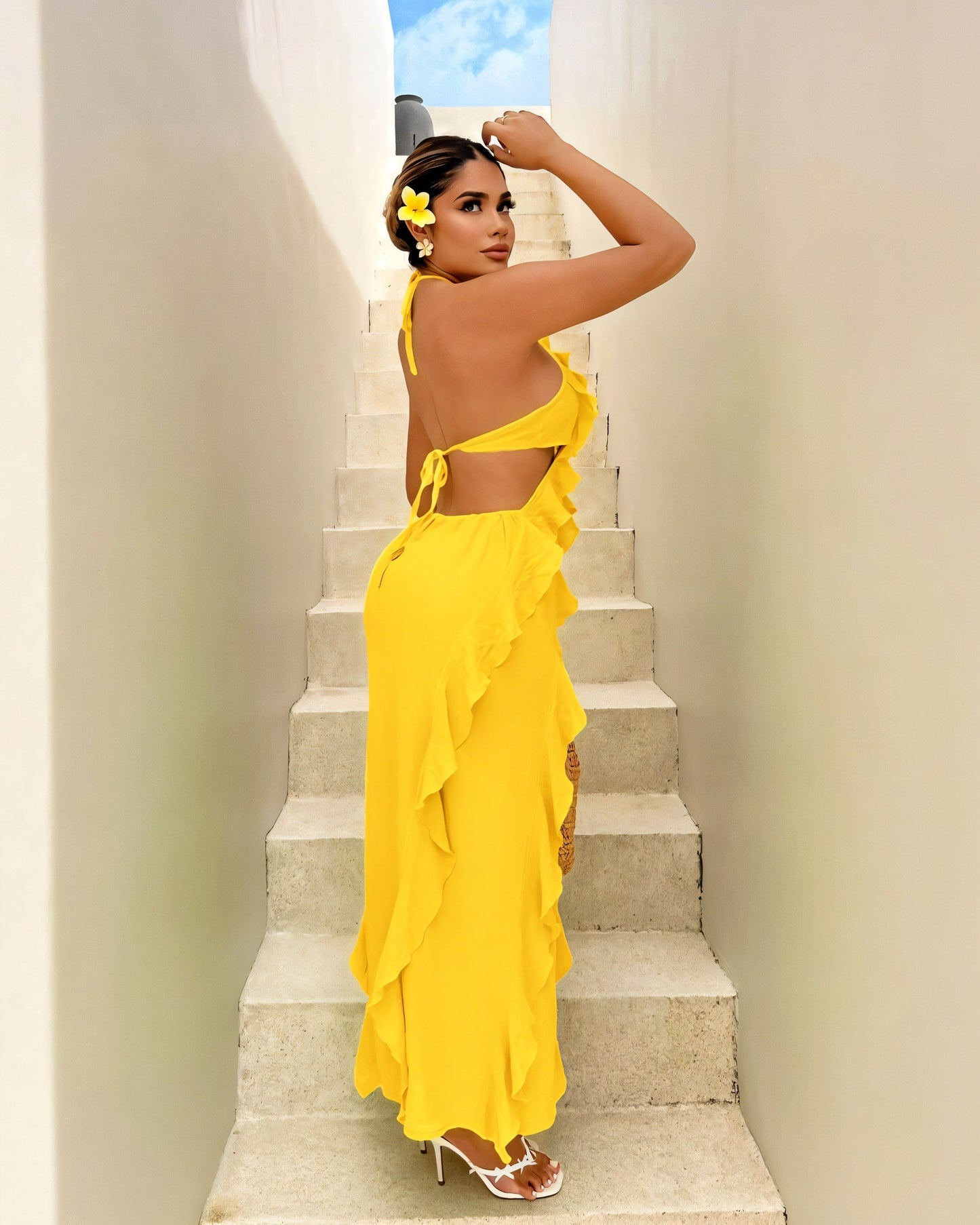 CAMRYN Halter Neck Cutout Ruffle Maxi Dress