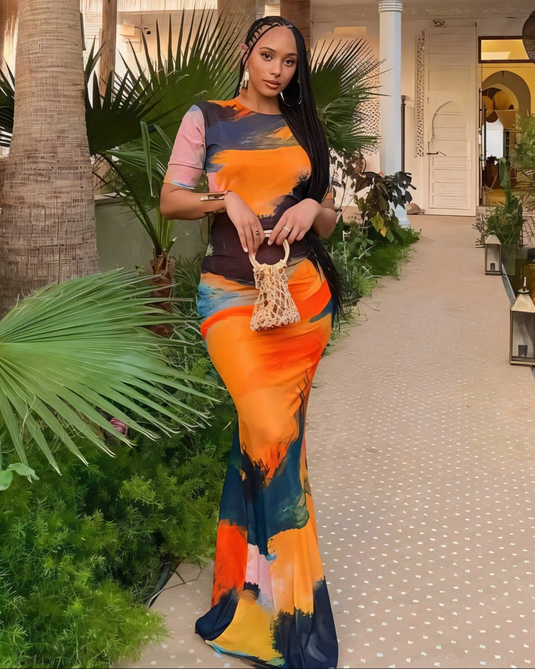 CAIA Round Neck Short Sleeve Printed Maxi Dress