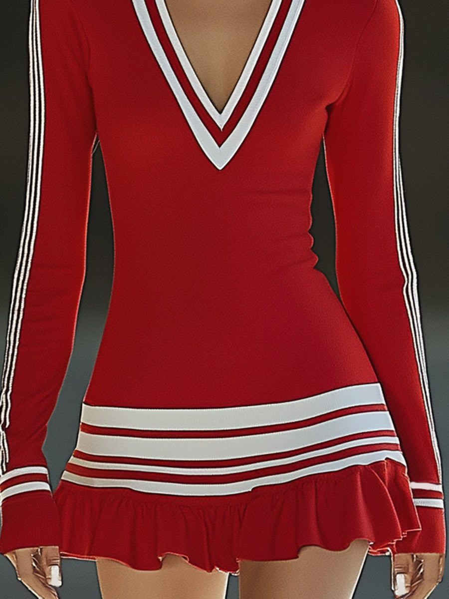 Fashionable Sports White Striped Red V-neck Long Sleeve Mini Dress - Samberule