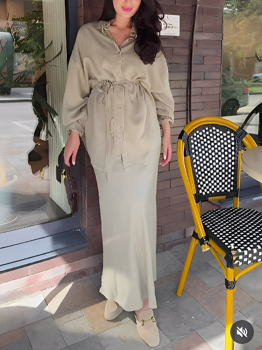 Light Green Long-sleeved Tie-Drawstring Shirt and Skirt Set
