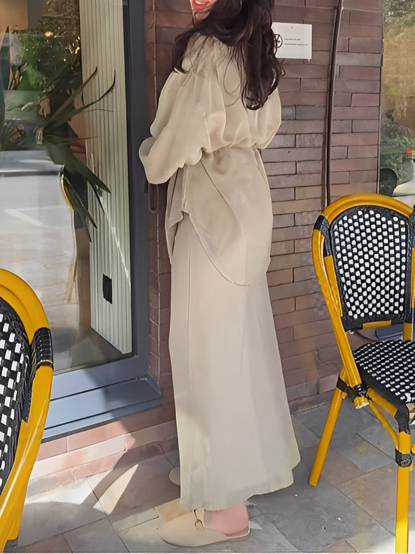 Light Green Long-sleeved Tie-Drawstring Shirt and Skirt Set